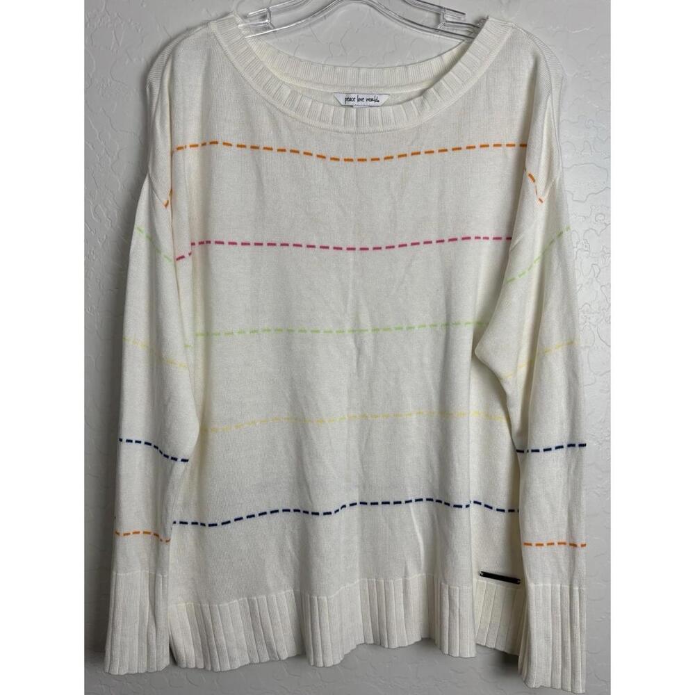 Peace Love World Rainbow Dash Stripe Bamboo Blend Sweater White Medium 1642